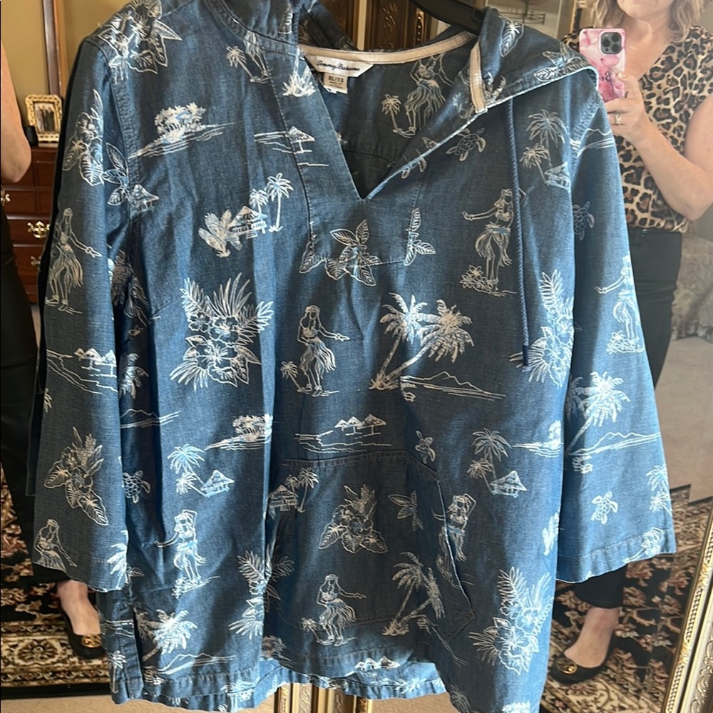 Blue Hooded Top with White Tropical Print